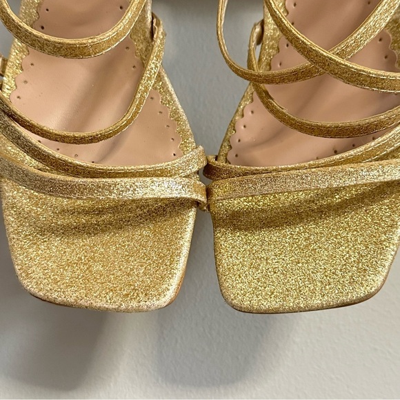 Gold Strappy Block Heel Sandals women size 8 sparkly zipper back 3’ heels party - Picture 7 of 15